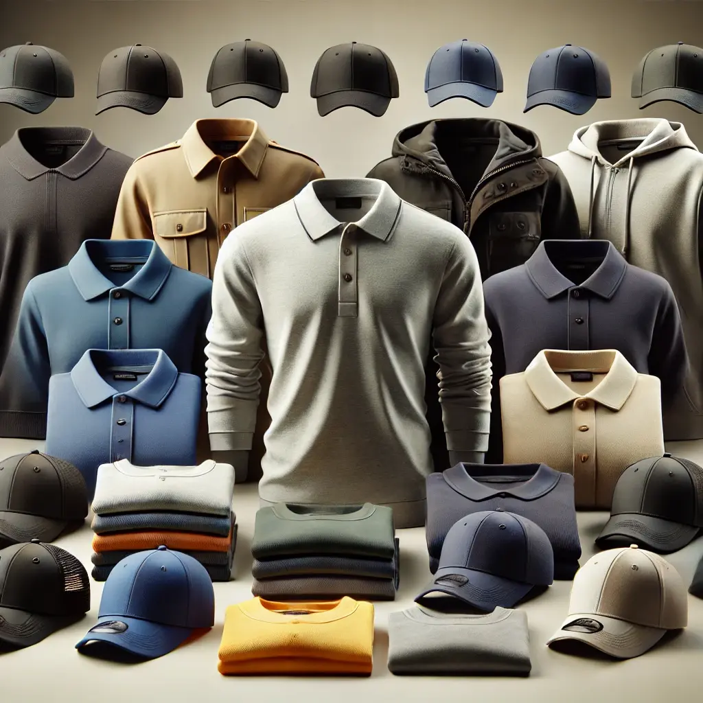Blank apparel items ready for branding polos, t-shirts, jackets, headwear