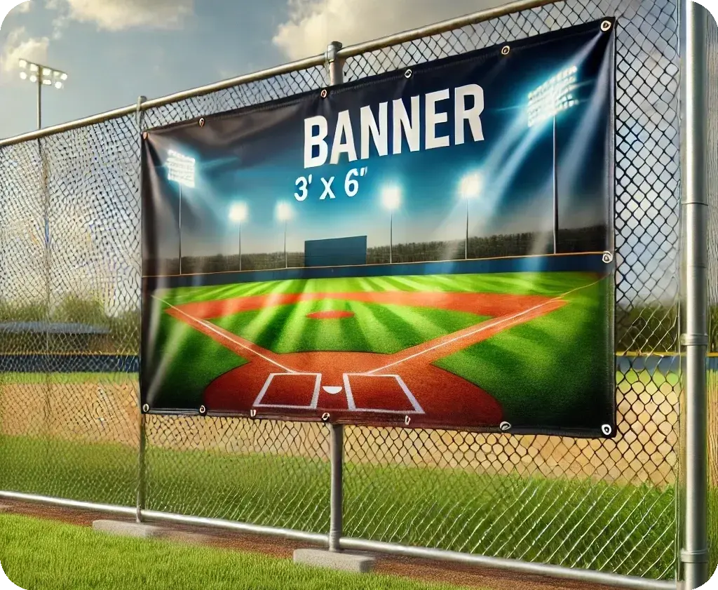 Large-format vinyl banner (3 x 6) with reinforced grommets fastened to a chain-link fence at a baseball field cropped rounded