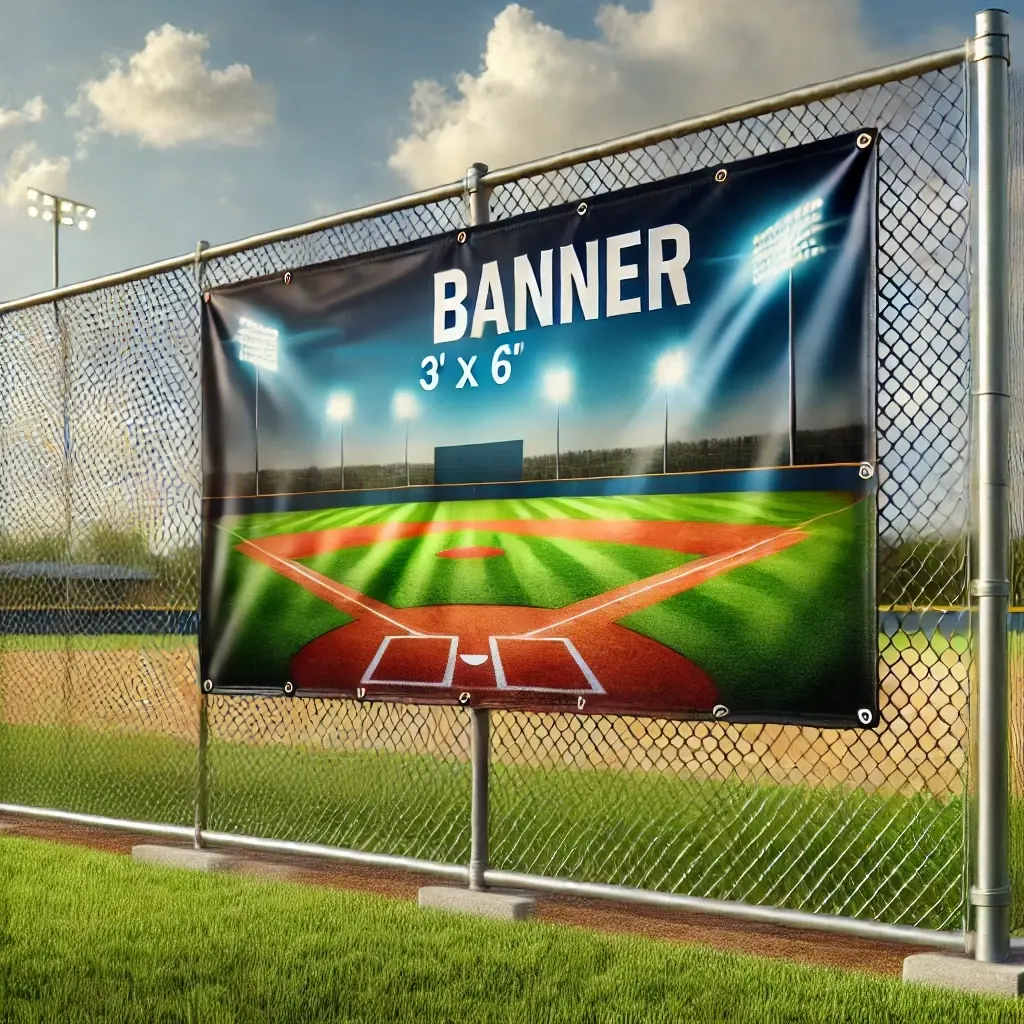 Large-format vinyl banner (3 x 6) with reinforced grommets fastened to a chain-link fence at a baseball field