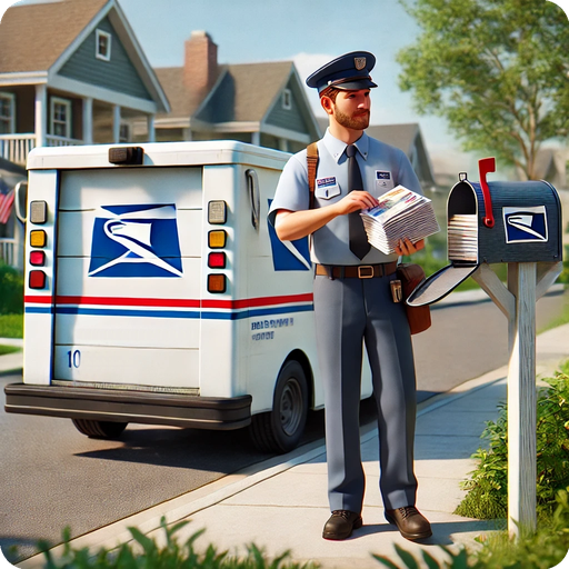 USPS letter carrier in full uniform delivering postcards to a residential mailbox in a suburban neighborhood_rounded