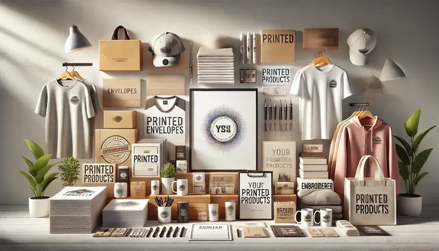 Variety of printed products including envelopes, stationery, embroidered apparel, and promo opt
